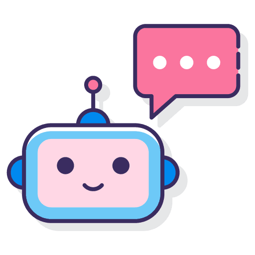 A sticker of a pink and blue robot speaking.